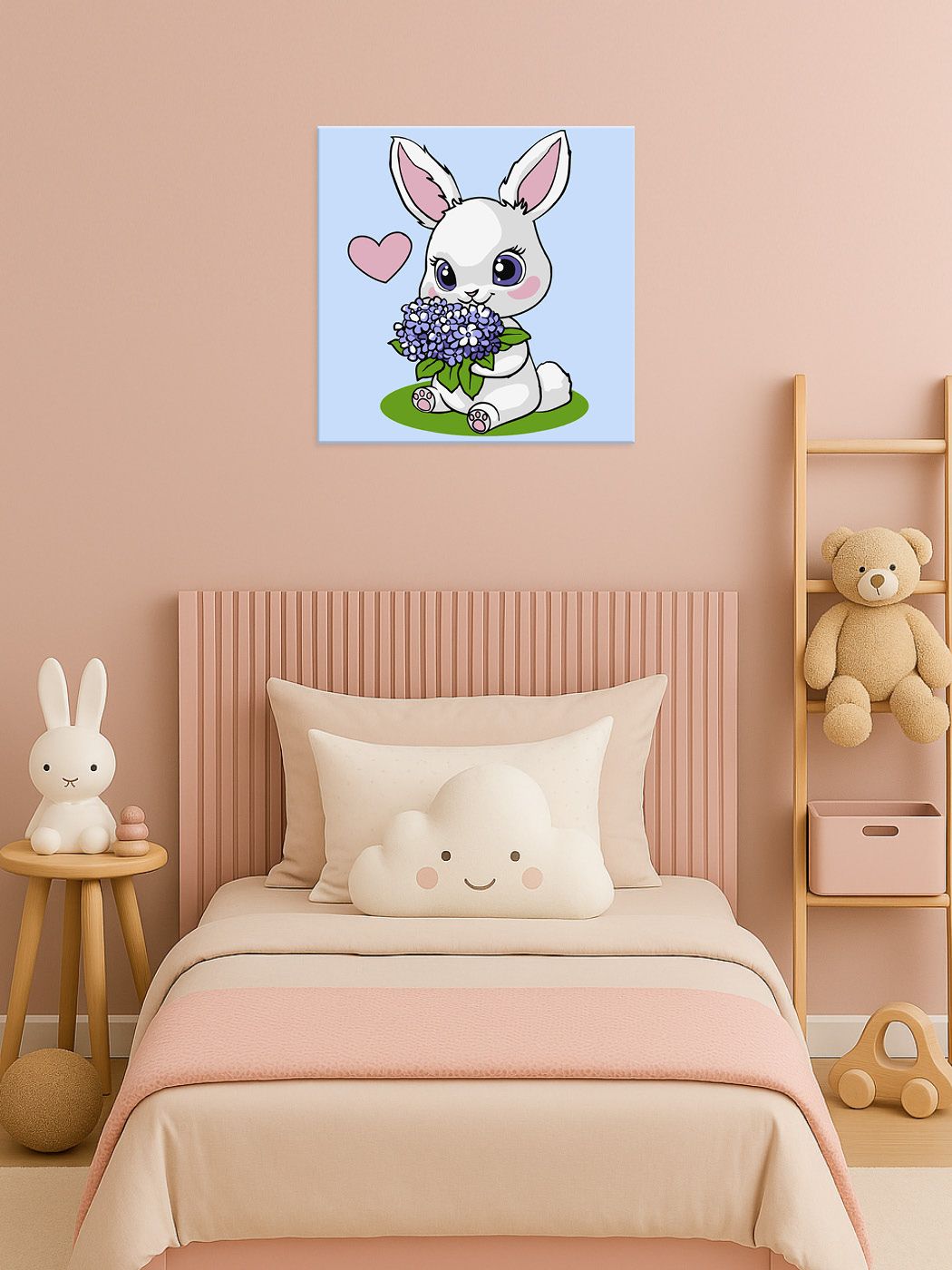 Schilderen op Nummer – Schattig Konijntje met Bloemen – 25x25