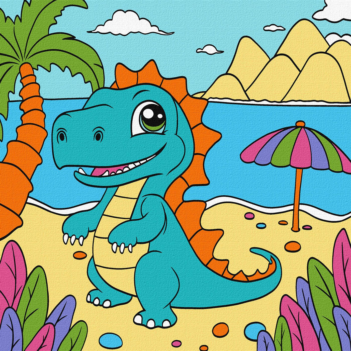 Schilderen op nummer pakket schattige dinosaurus op tropisch strand met palmboom en zee