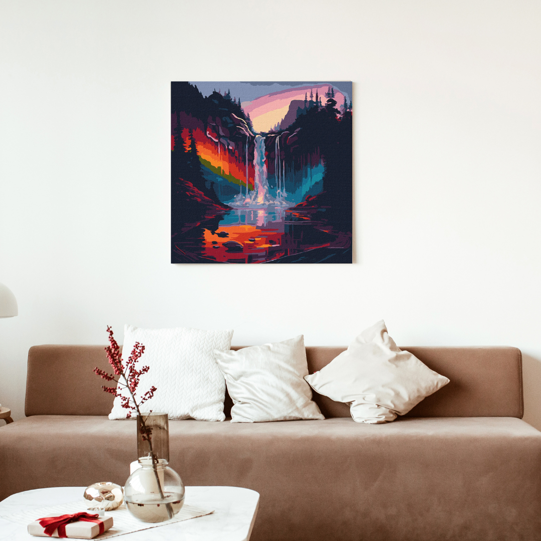 Schilderen op Nummer – Waterval met Regenboog in de Bergen – 40x40 cm