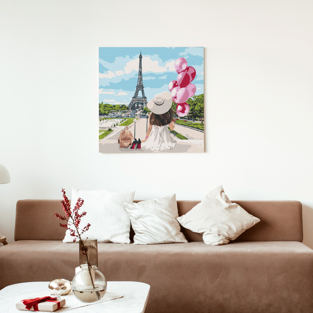 Schilderen op Nummer – Vrouw met Ballonnen in Parijs – 40x40 cm