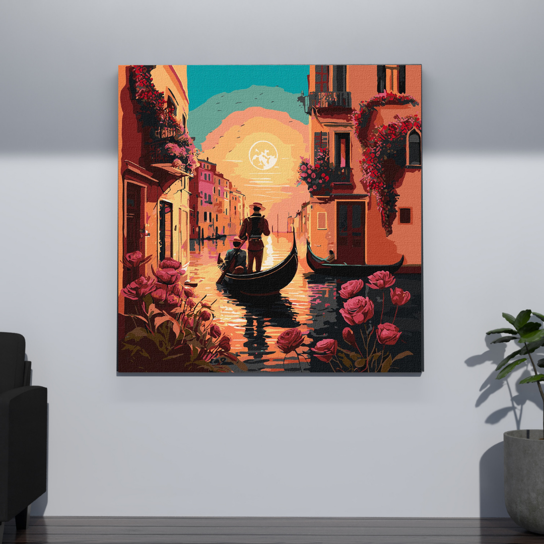 Schilderen op Nummer – Gondel in Venetië bij Zonsondergang – 40x40 cm