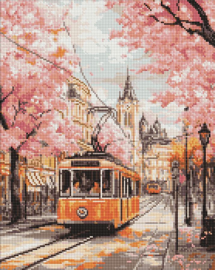 Diamond painting pakket met klassieke gele tram in Europese straat met roze bloesembomen