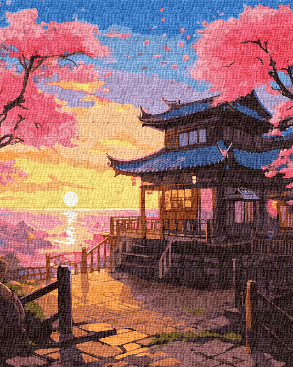 schilderen op nummer japanse tempel sakura zonsondergang 40x50 canvas op frame