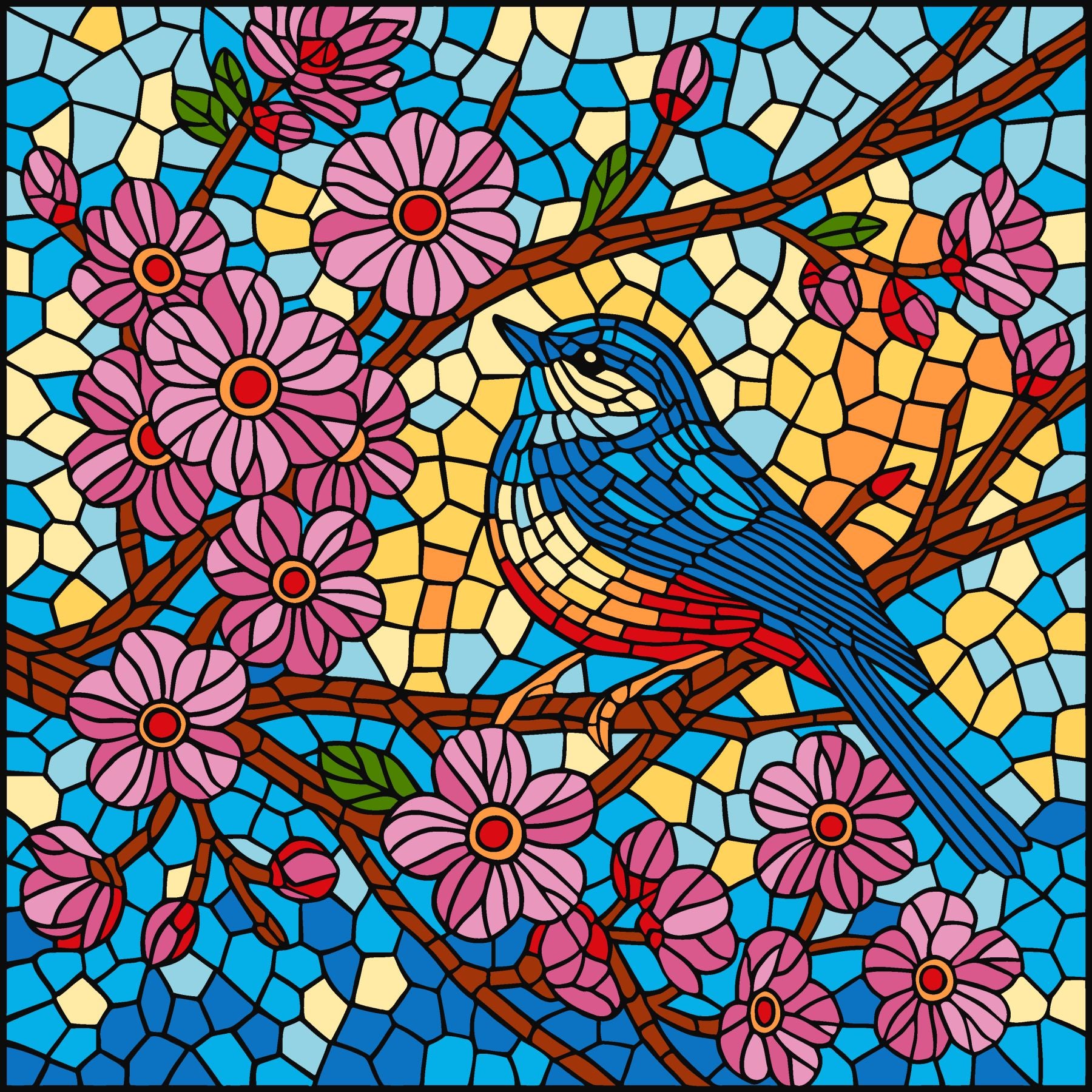 Schilderen op nummer vogel op bloesemtak in kleurrijke mozaiek glas stijl